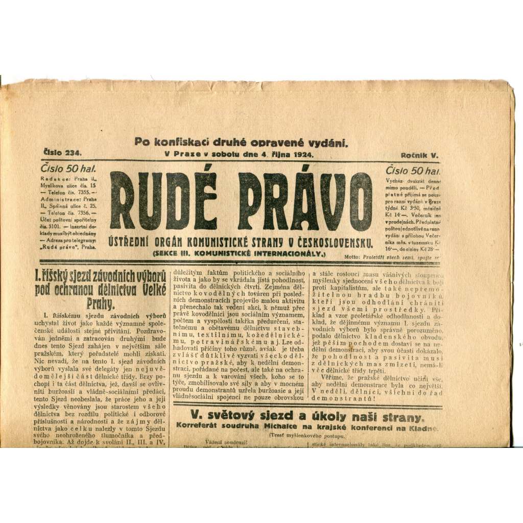 Rudé právo (4.10.1924) - 1. republika, staré noviny