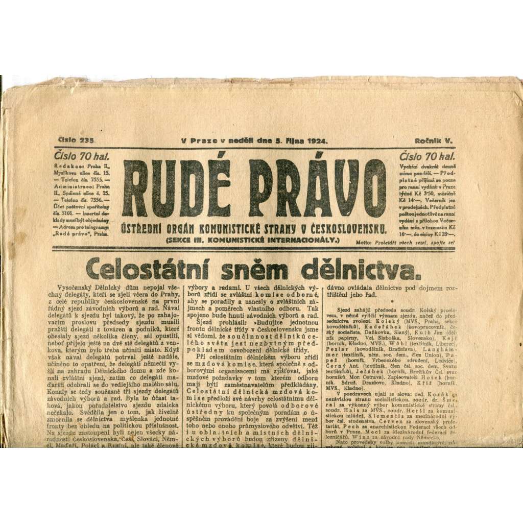 Rudé právo (5.10.1924) - 1. republika, staré noviny