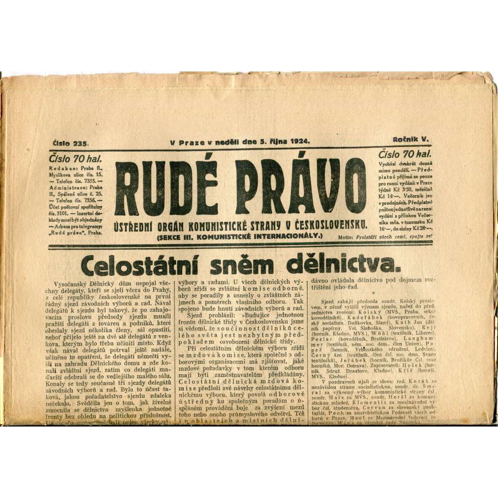 Rudé právo (5.10.1924) - 1. republika, staré noviny