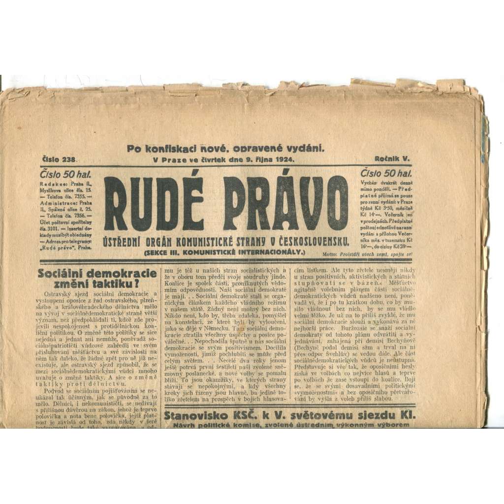 Rudé právo (9.10.1924) - 1. republika, staré noviny