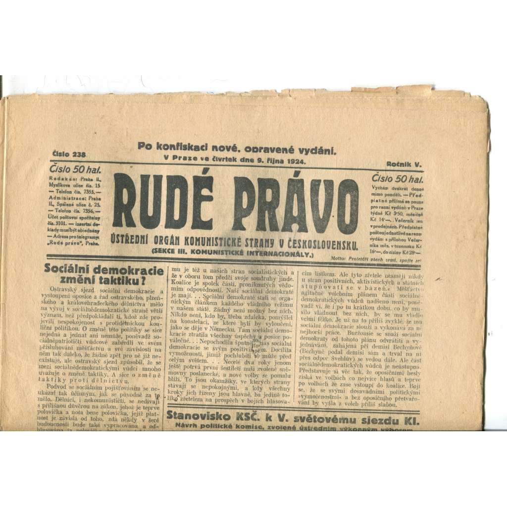 Rudé právo (9.10.1924) - 1. republika, staré noviny
