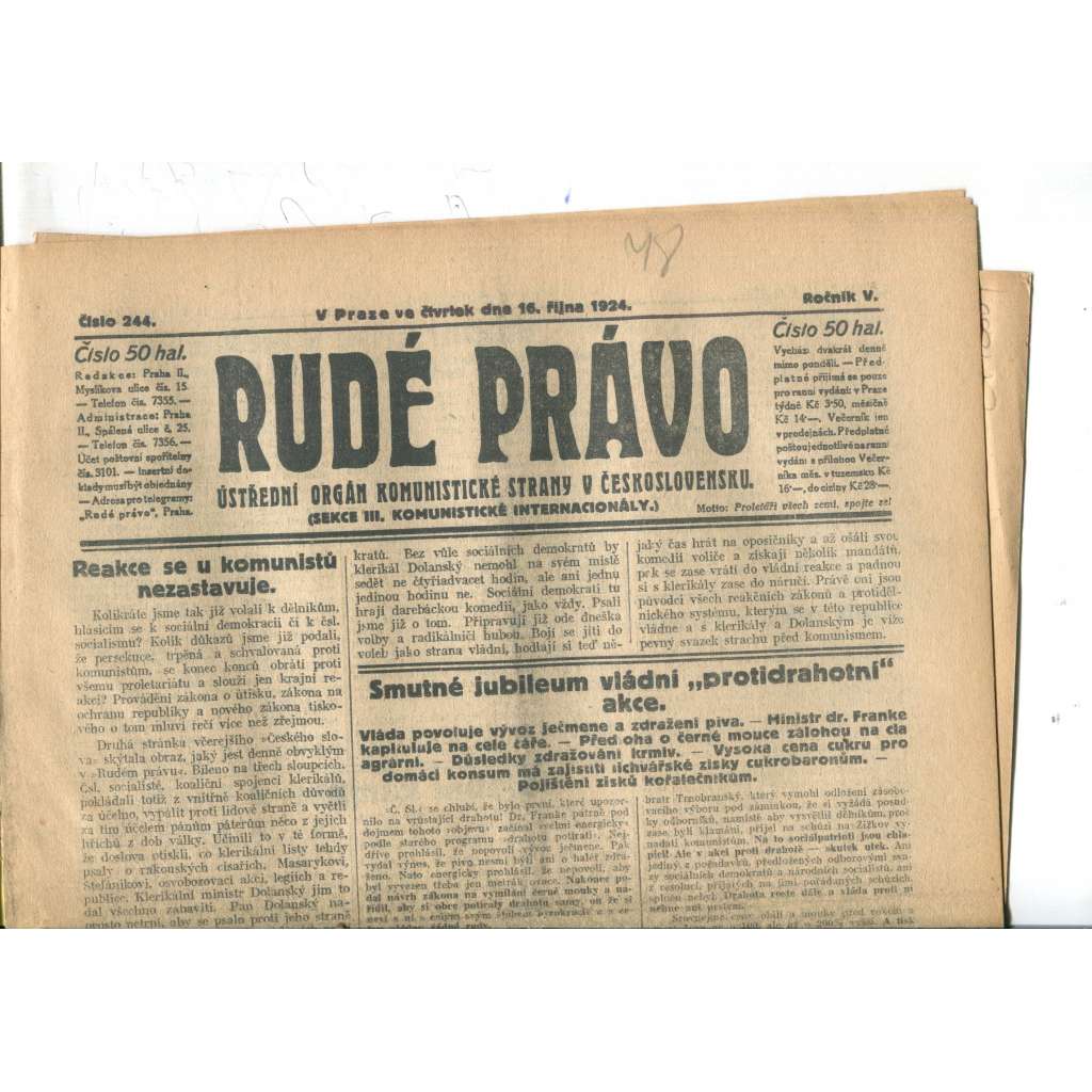 Rudé právo (16.10.1924) - 1. republika, staré noviny Rudé právo (16.10.1924) - 1. republika, staré noviny