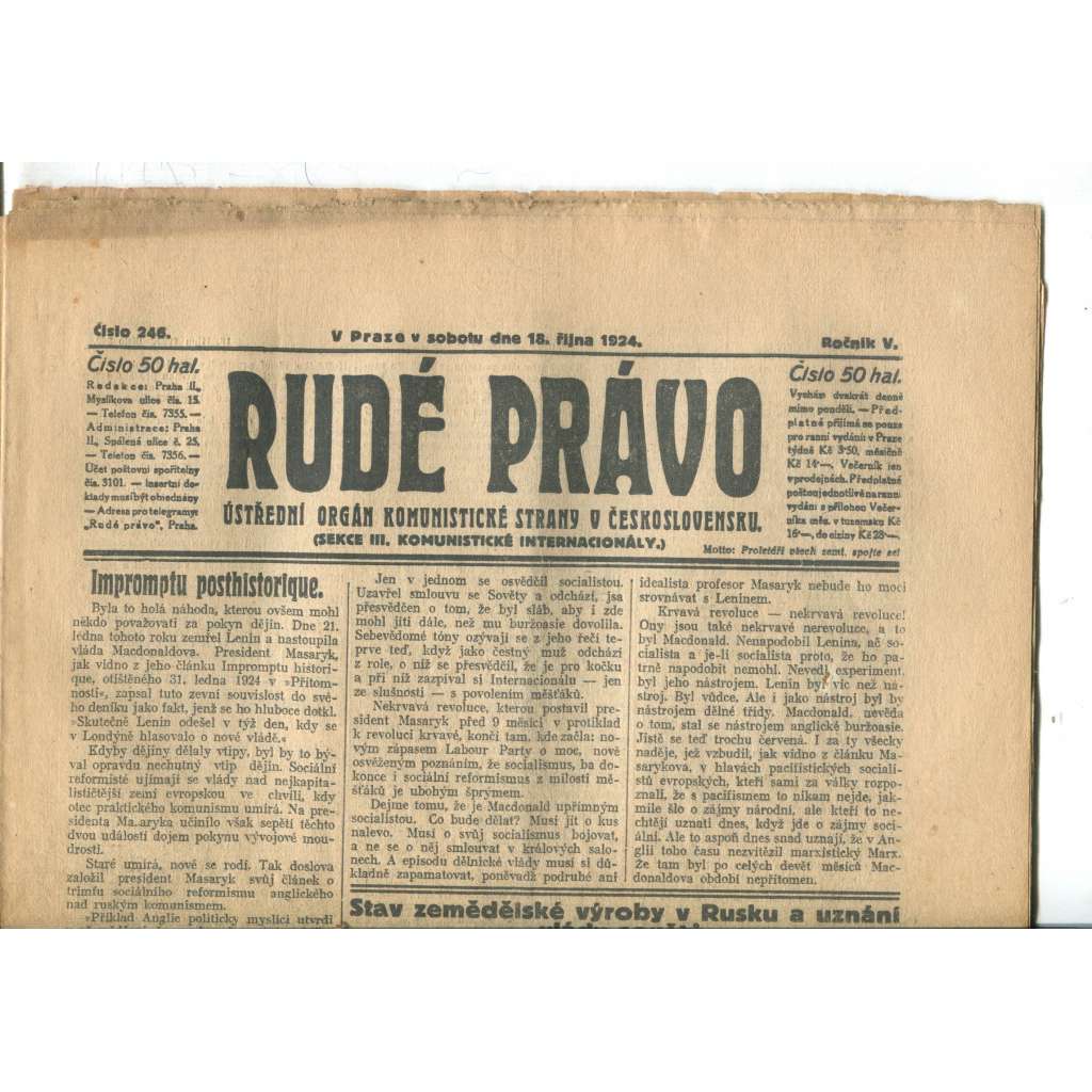 Rudé právo (18.10.1924) - 1. republika, staré noviny Rudé právo (18.10.1924) - 1. republika, staré noviny