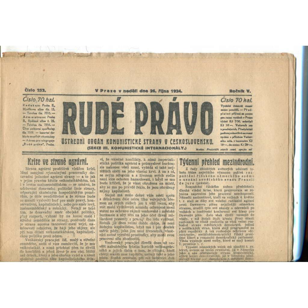 Rudé právo (26.10.1924) - 1. republika, staré noviny Rudé právo (26.10.1924) - 1. republika, staré noviny
