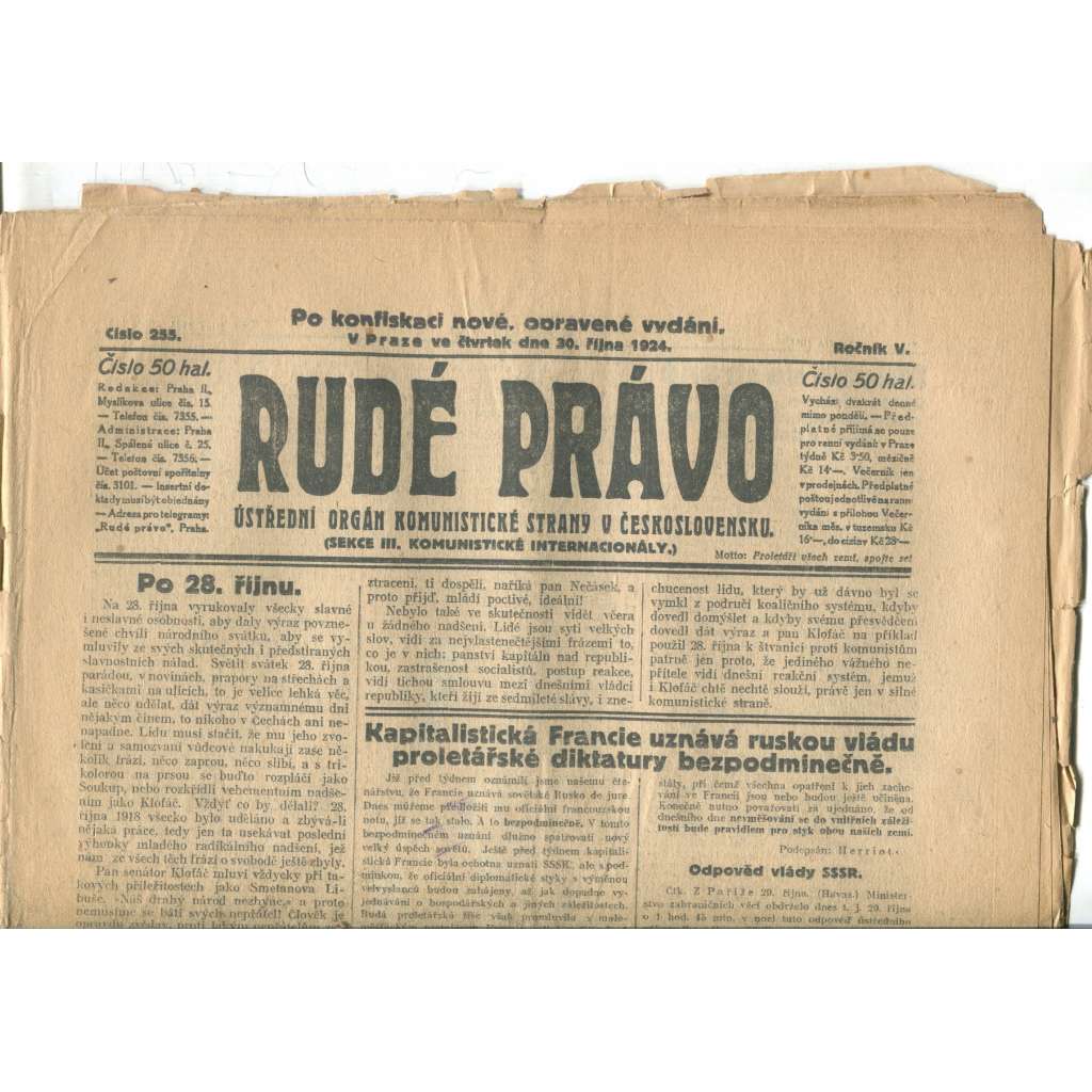 Rudé právo (30.10.1924) - 1. republika, staré noviny Rudé právo (30.10.1924) - 1. republika, staré noviny