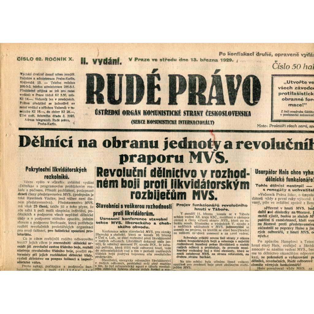 Rudé právo (13.3.1929) - 1. republika, staré noviny