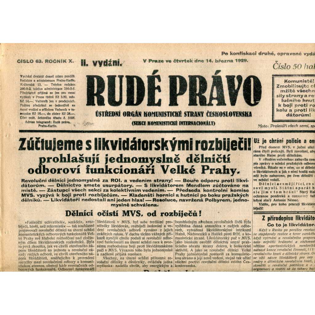 Rudé právo (14.3.1929) - 1. republika, staré noviny