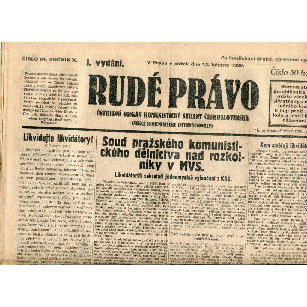 Rudé právo (15.3.1929) - 1. republika, staré noviny