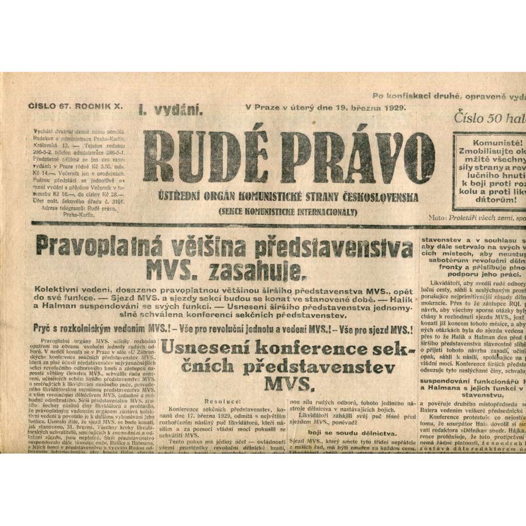 Rudé právo (19.3.1929) - 1. republika, staré noviny