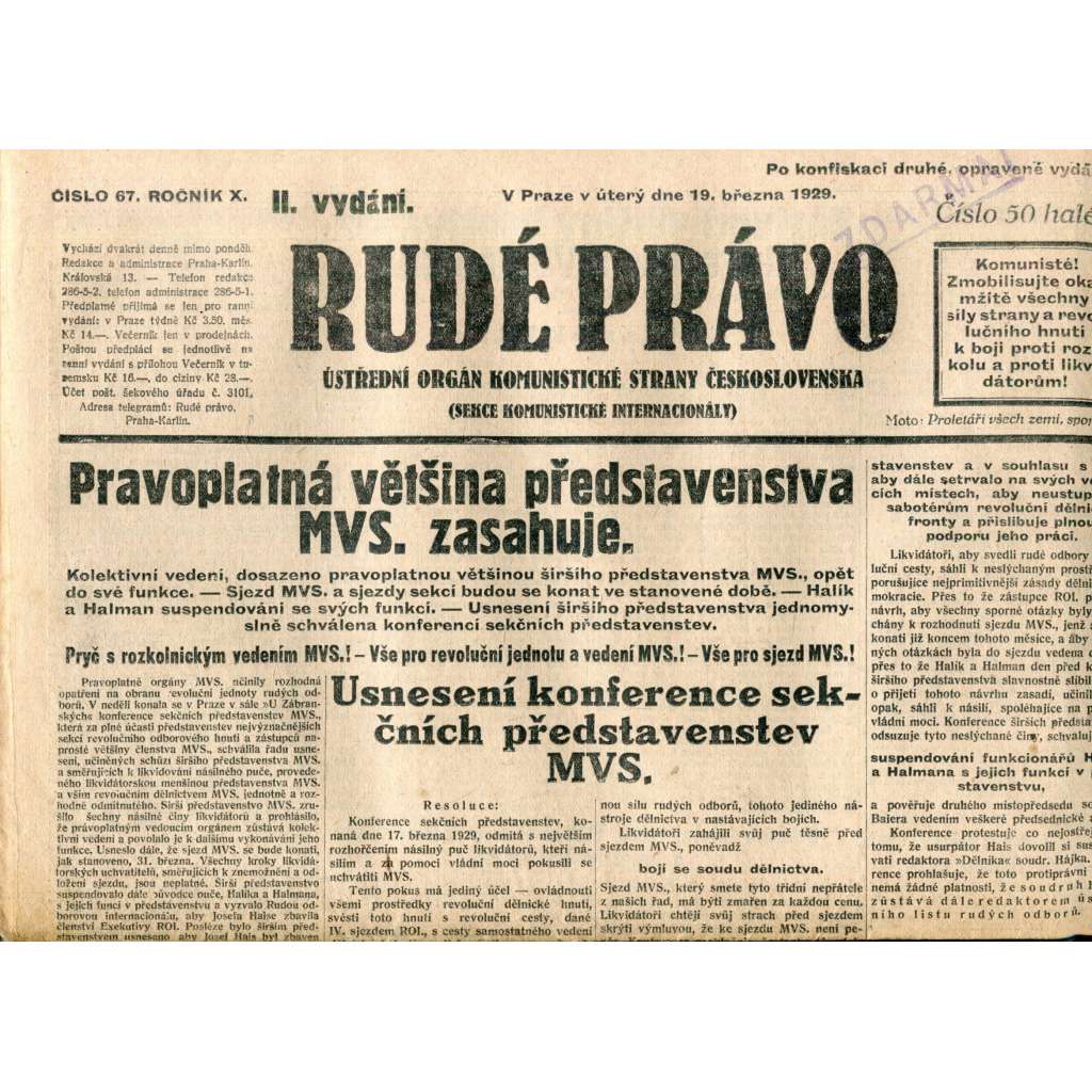 Rudé právo (19.3.1929) - 1. republika, staré noviny