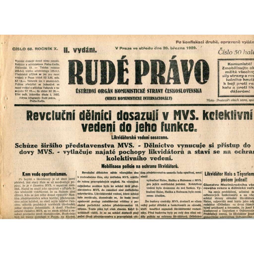 Rudé právo (20.3.1929) - 1. republika, staré noviny