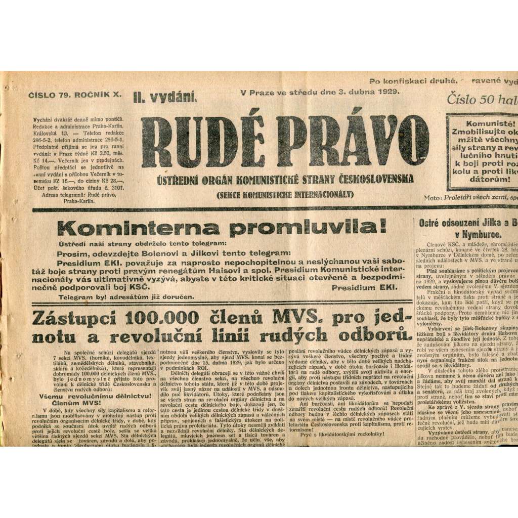 Rudé právo (3.4.1929) - 1. republika, staré noviny