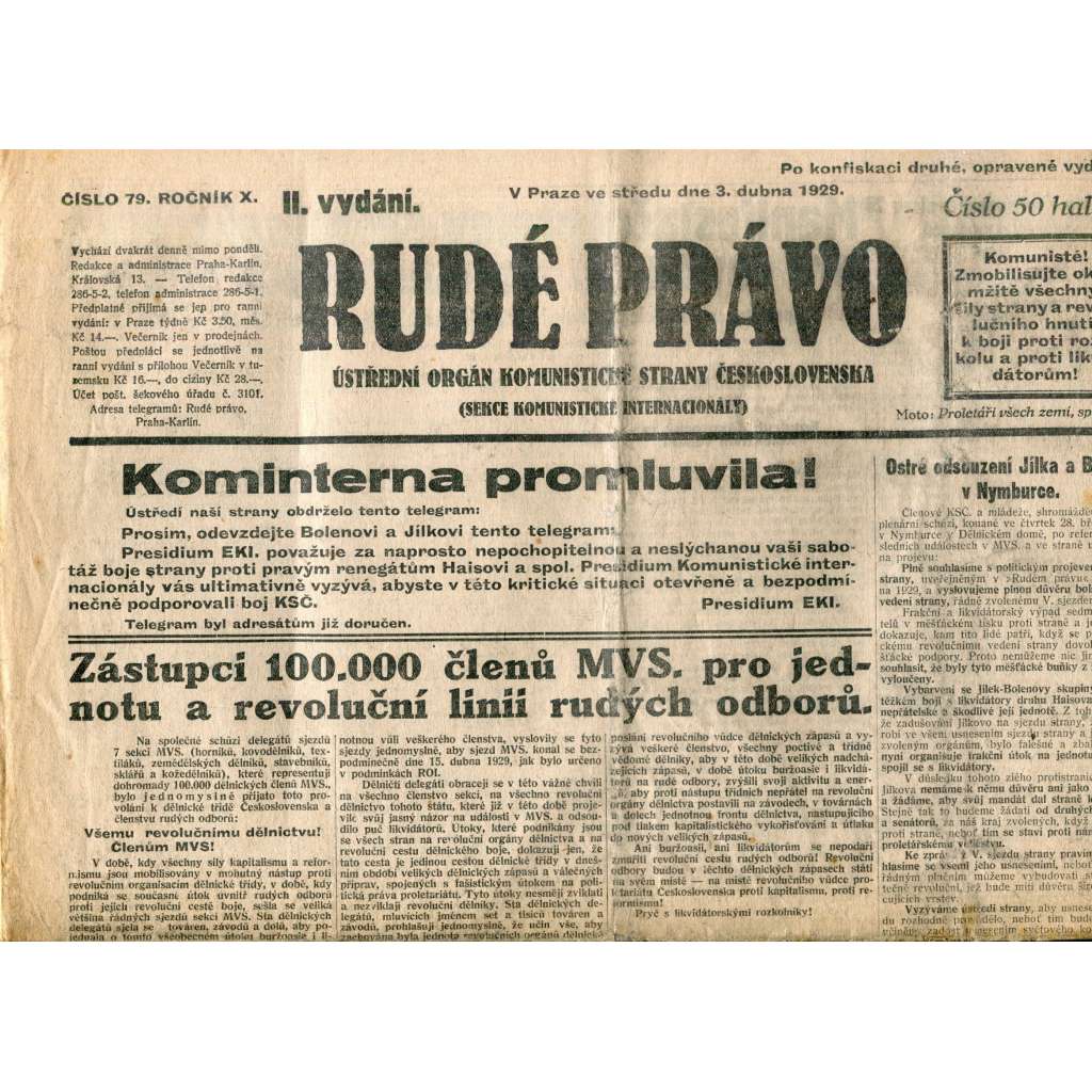 Rudé právo (3.4.1929) - 1. republika, staré noviny