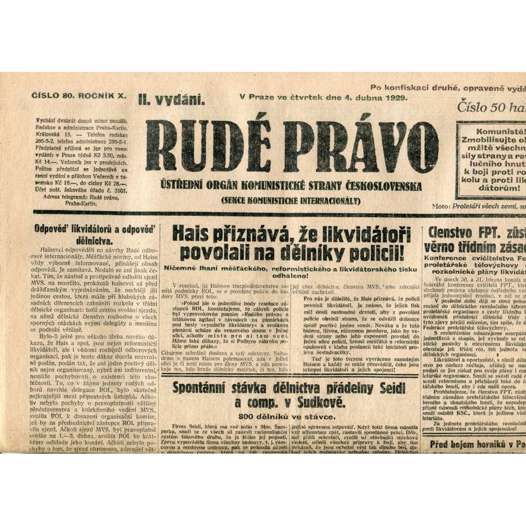 Rudé právo (4.4.1929) - 1. republika, staré noviny