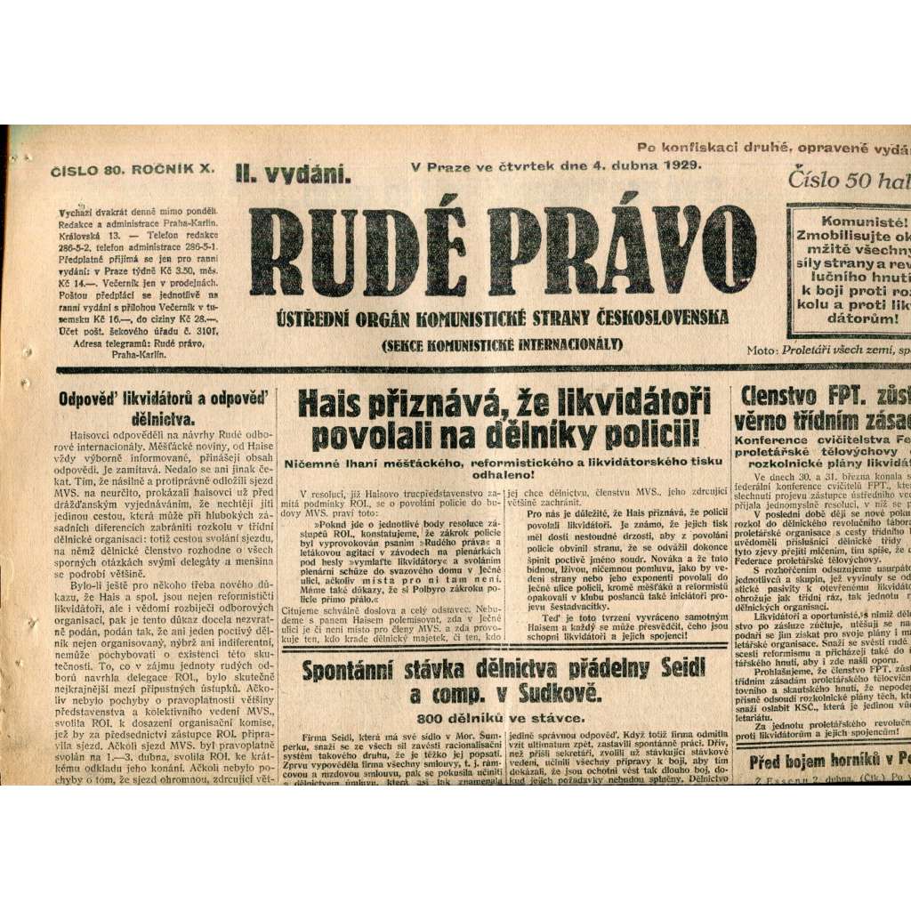Rudé právo (4.4.1929) - 1. republika, staré noviny