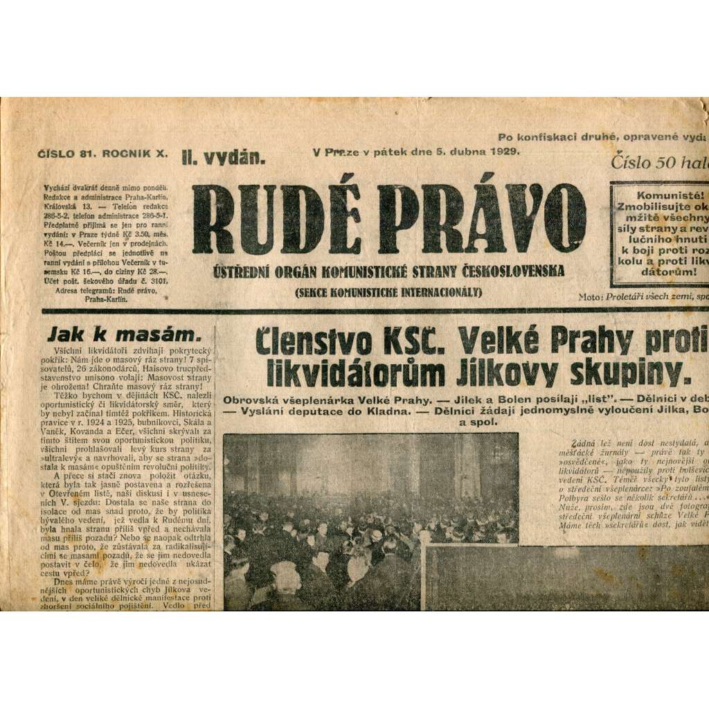 Rudé právo (5.4.1929) - 1. republika, staré noviny (pošk.)