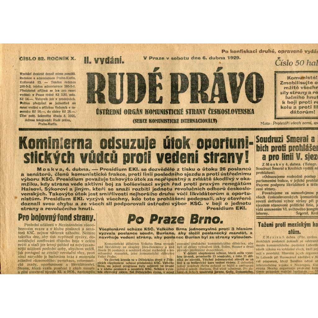 Rudé právo (6.4.1929) - 1. republika, staré noviny