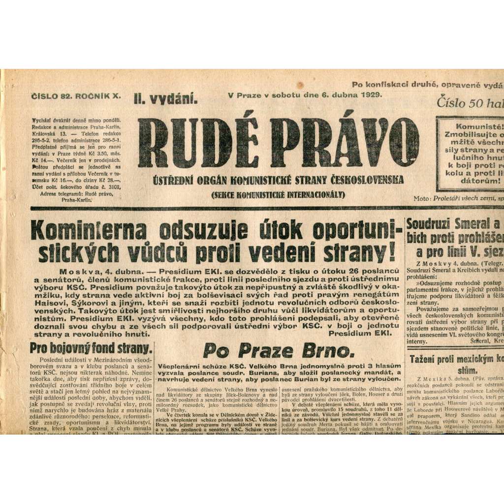 Rudé právo (6.4.1929) - 1. republika, staré noviny