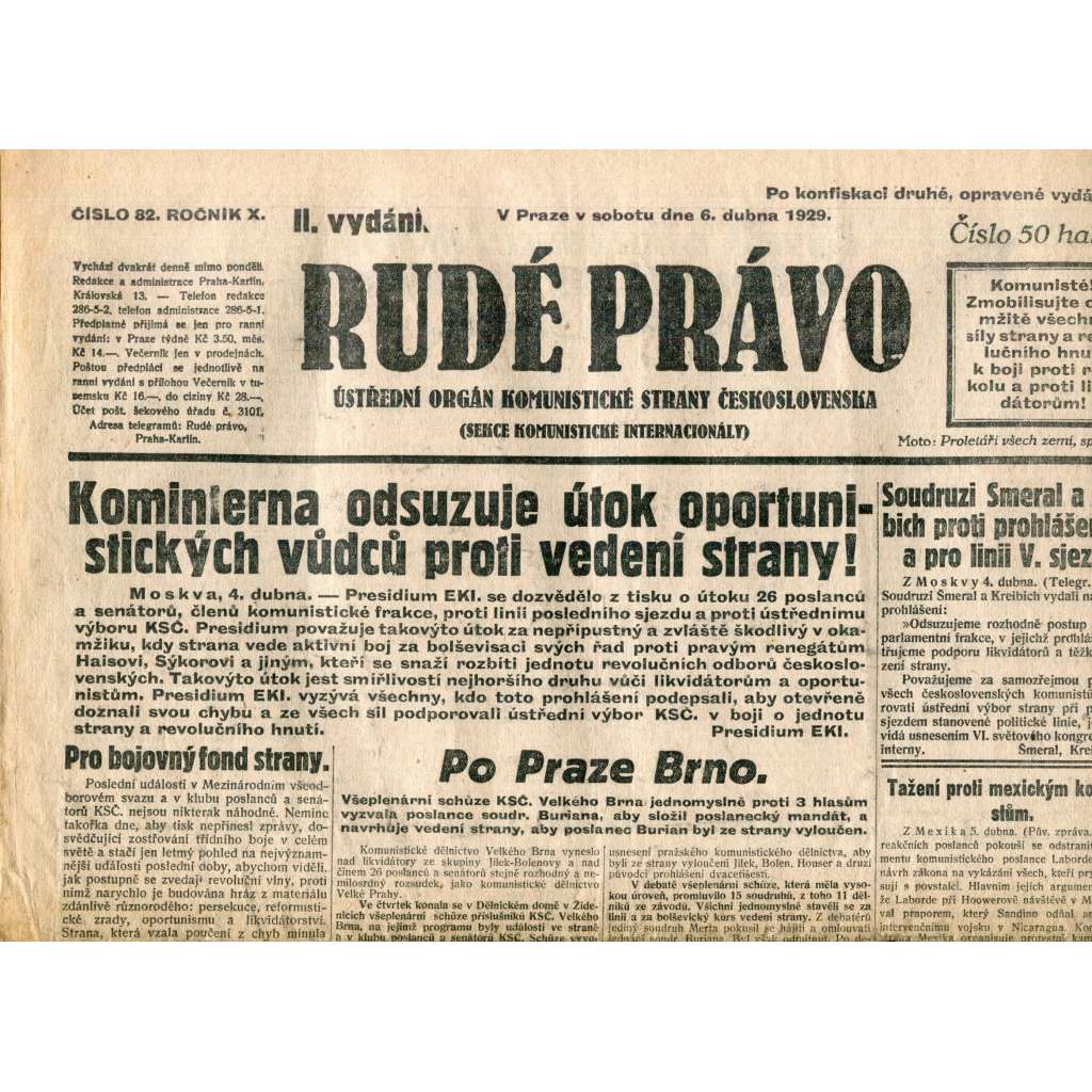 Rudé právo (6.4.1929) - 1. republika, staré noviny
