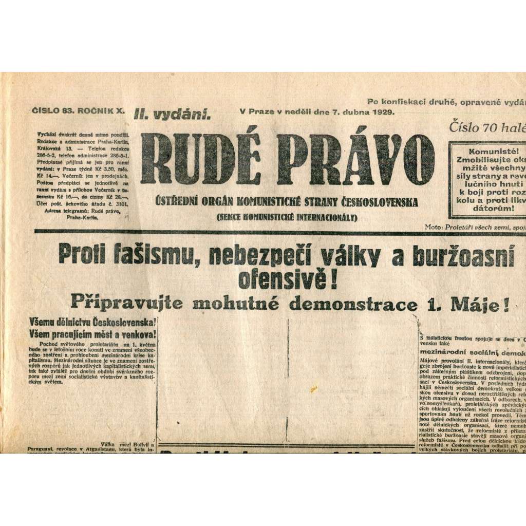 Rudé právo (7.4.1929) - 1. republika, staré noviny