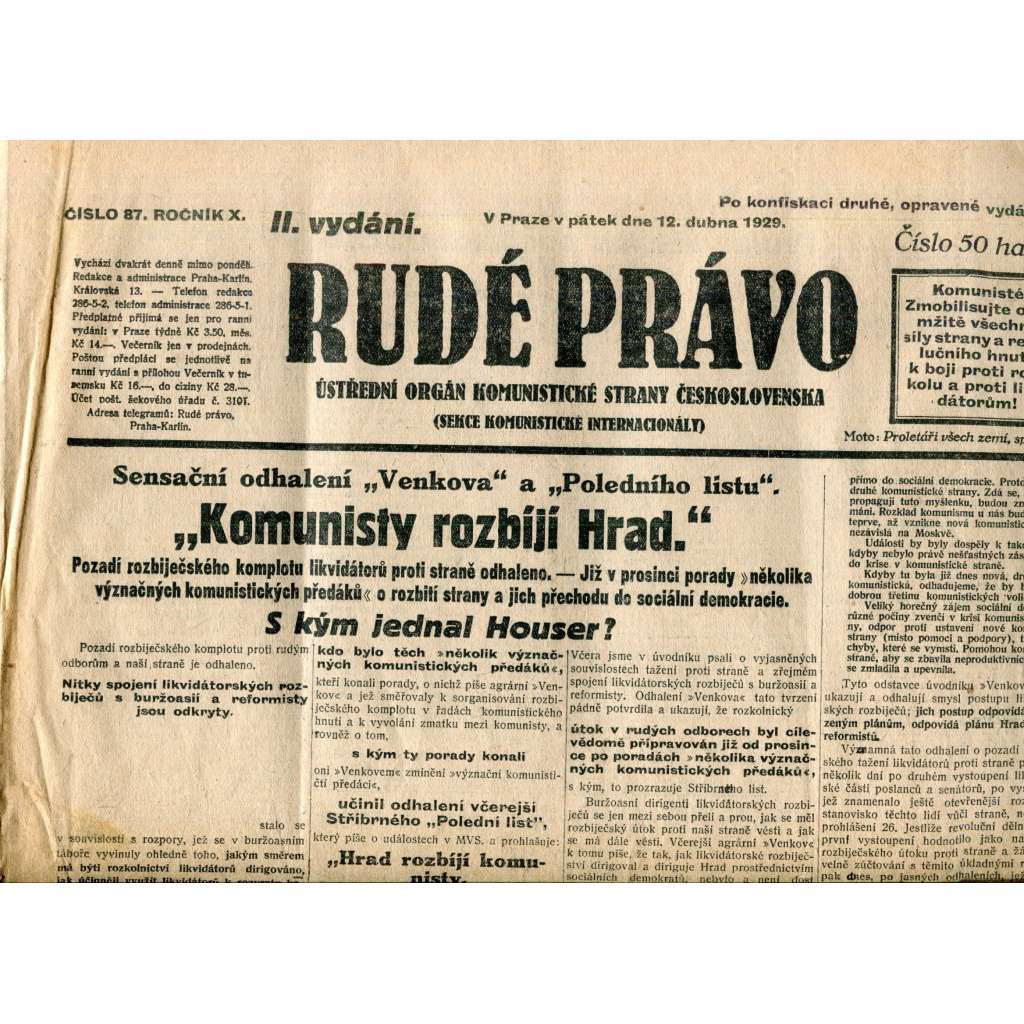Rudé právo (12.4.1929) - 1. republika, staré noviny