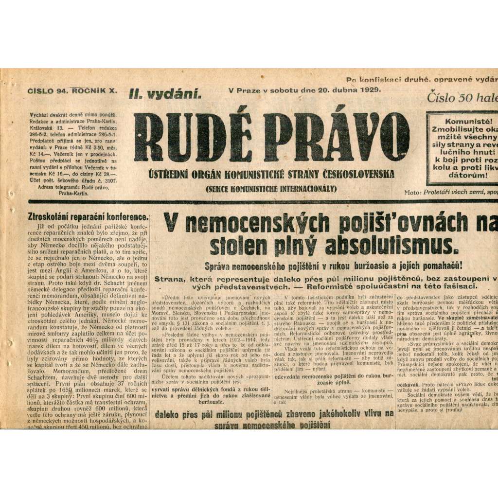 Rudé právo (20.4.1929) - 1. republika, staré noviny Rudé právo (20.4.1929) - 1. republika, staré noviny