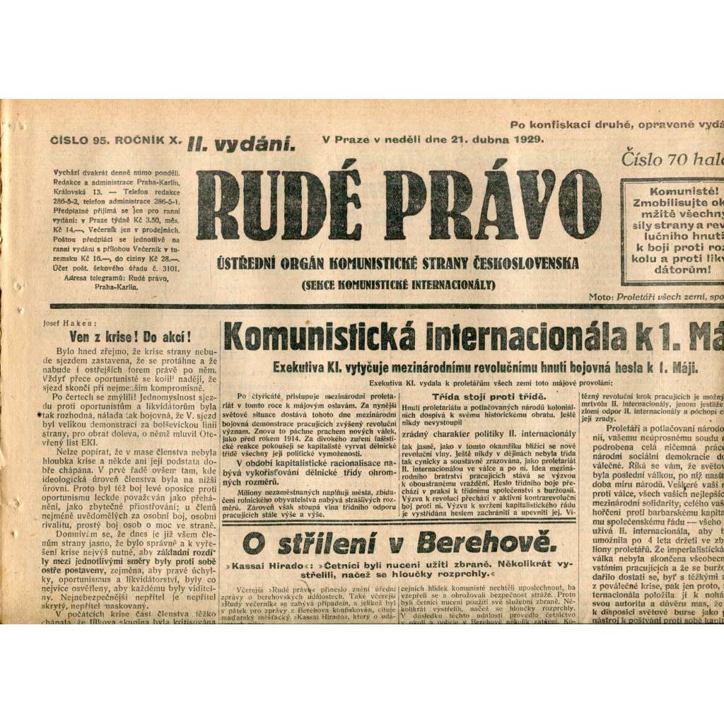 Rudé právo (21.4.1929) - 1. republika, staré noviny
