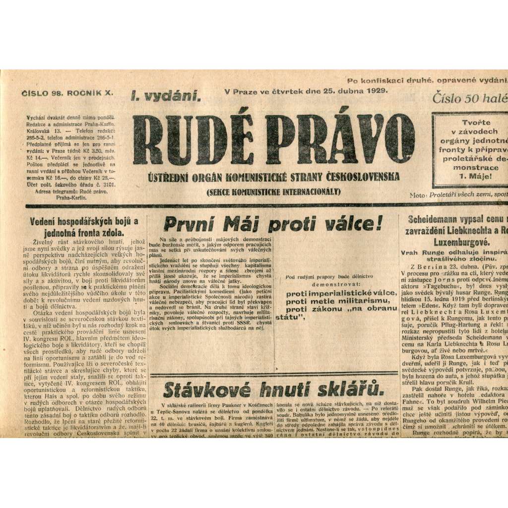 Rudé právo (25.4.1929) - 1. republika, staré noviny