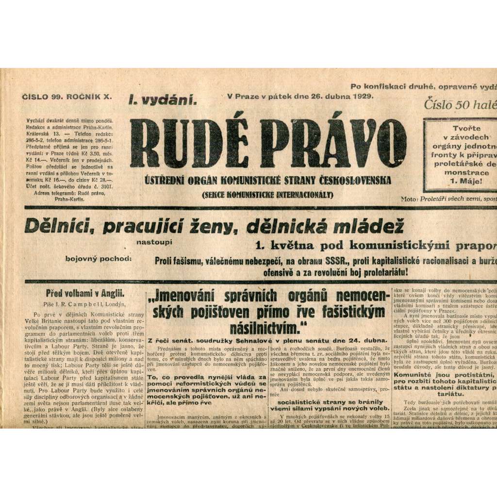 Rudé právo (26.4.1929) - 1. republika, staré noviny