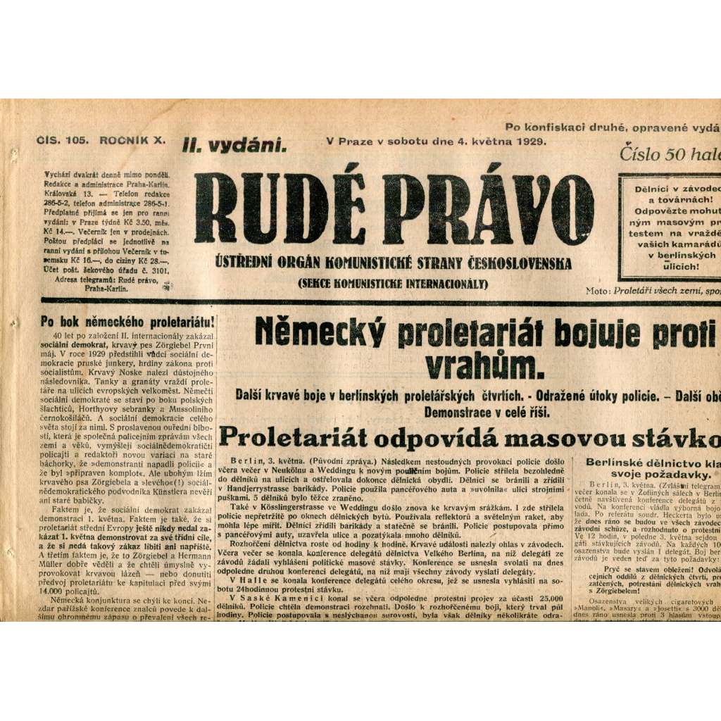 Rudé právo (4.5.1929) - 1. republika, staré noviny