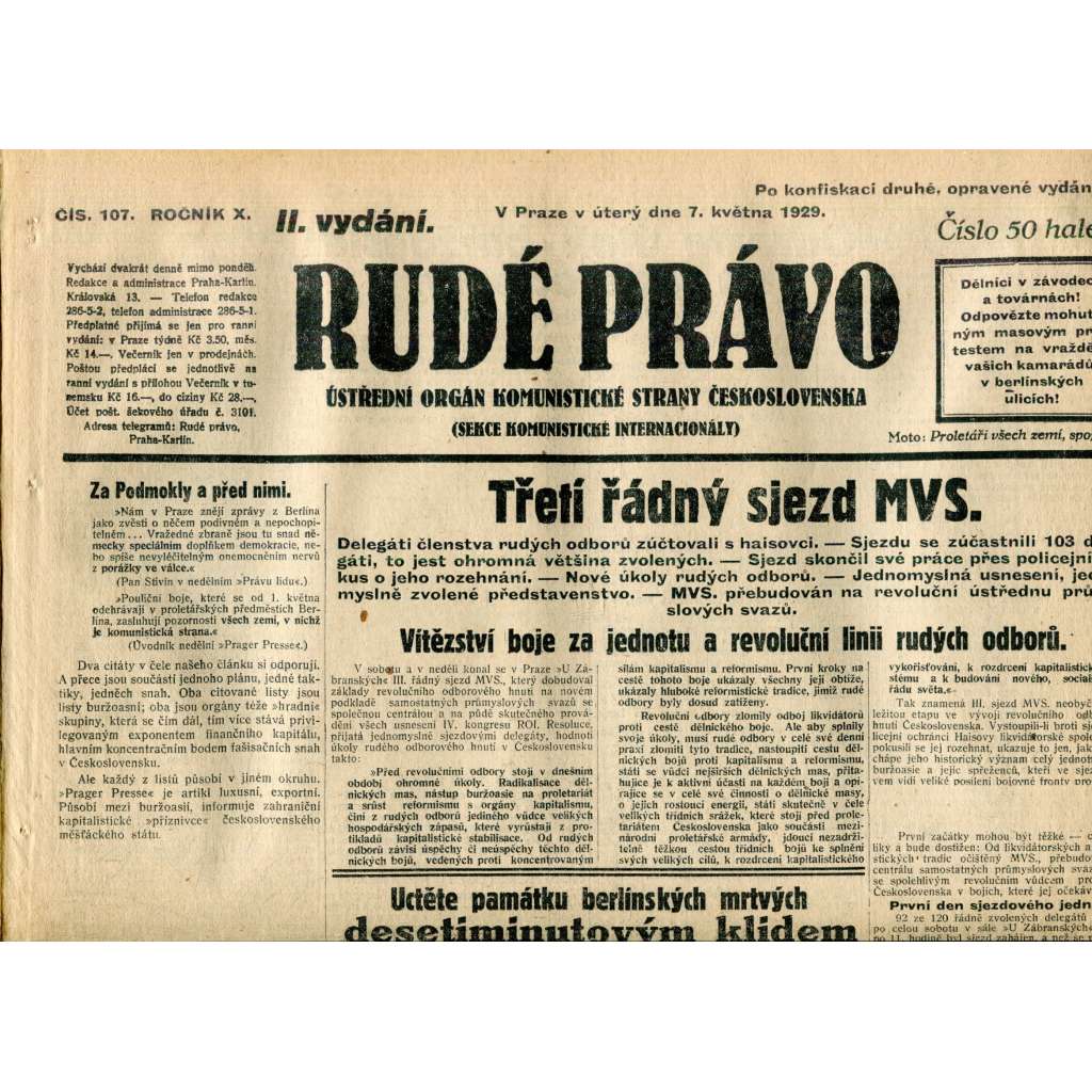 Rudé právo (7.5.1929) - 1. republika, staré noviny