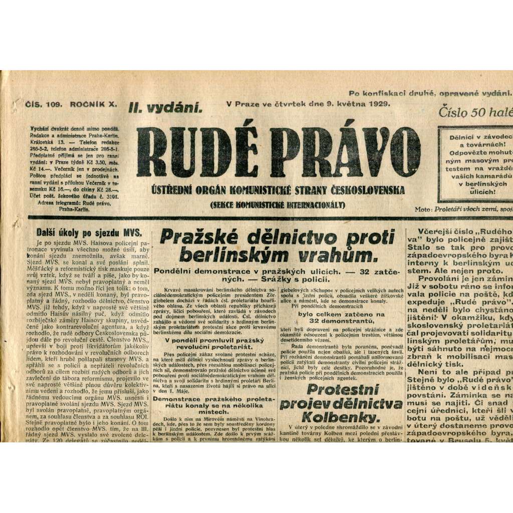 Rudé právo (9.5.1929) - 1. republika, staré noviny