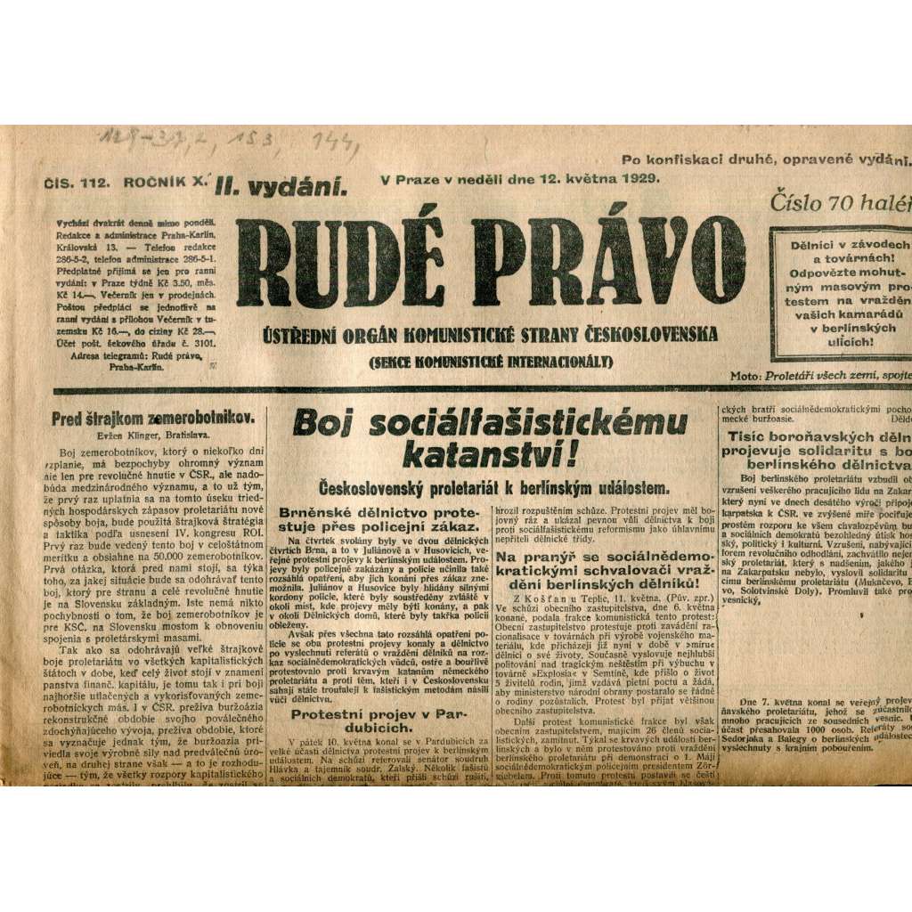 Rudé právo (12.5.1929) - 1. republika, staré noviny Rudé právo (12.5.1929) - 1. republika, staré noviny