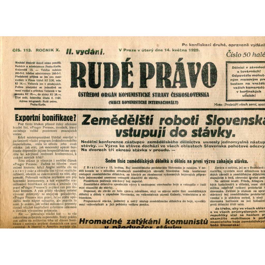 Rudé právo (14.5.1929) - 1. republika, staré noviny Rudé právo (14.5.1929) - 1. republika, staré noviny