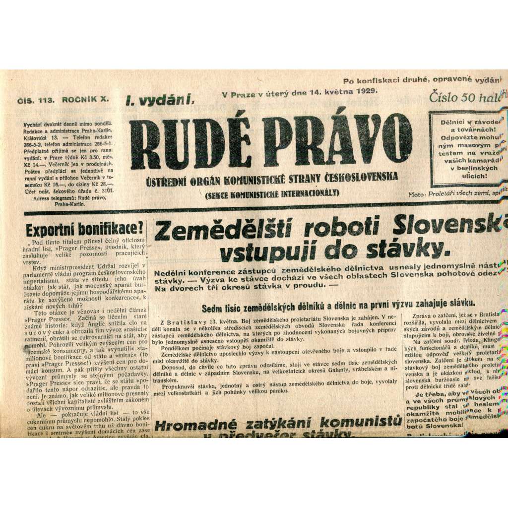 Rudé právo (14.5.1929) - 1. republika, staré noviny Rudé právo (14.5.1929) - 1. republika, staré noviny