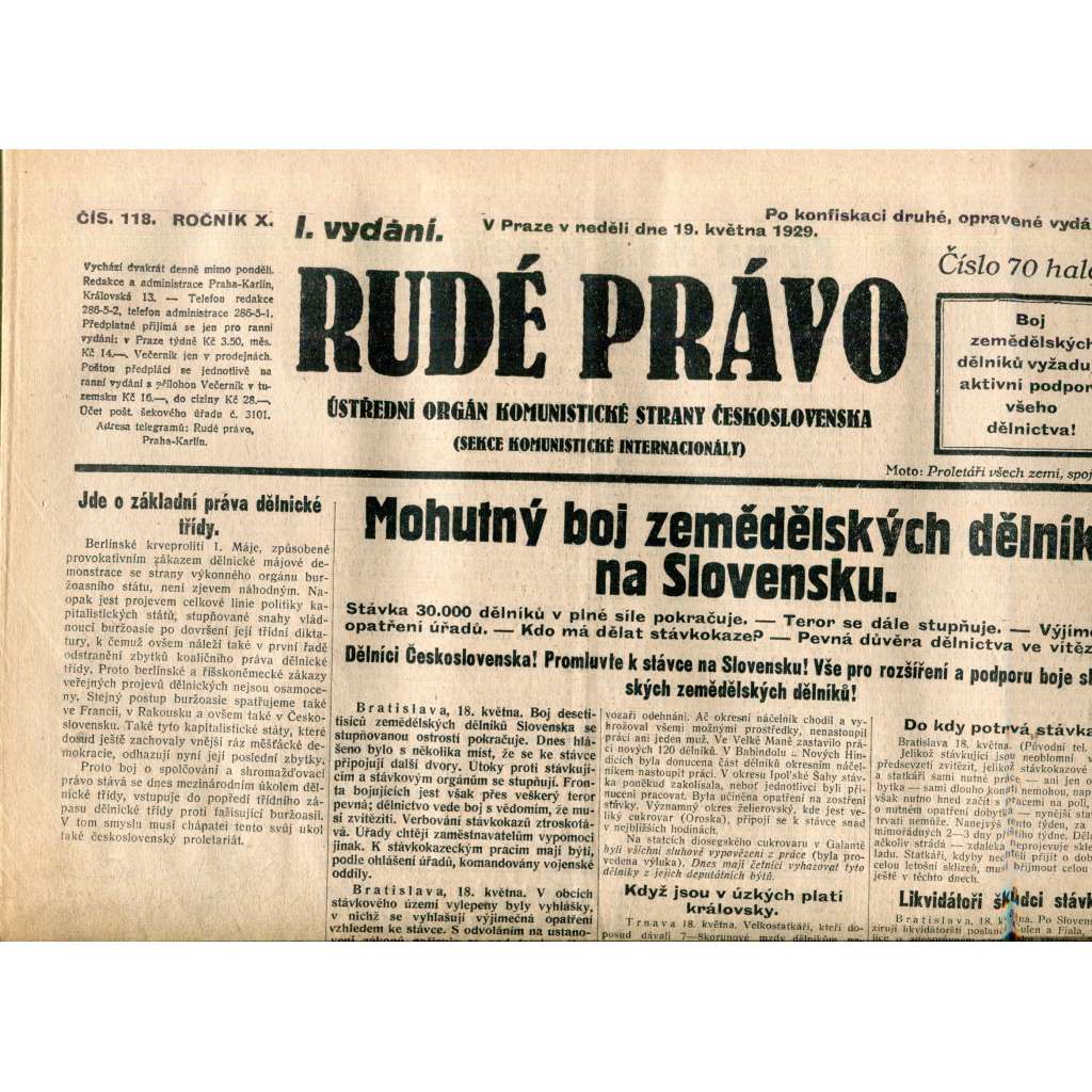Rudé právo (19.5.1929) - 1. republika, staré noviny Rudé právo (19.5.1929) - 1. republika, staré noviny