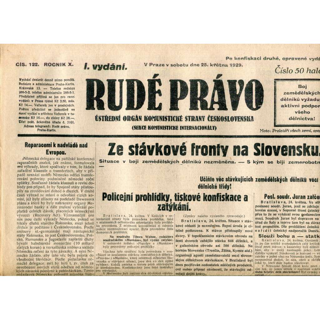 Rudé právo (25.5.1929) - 1. republika, staré noviny