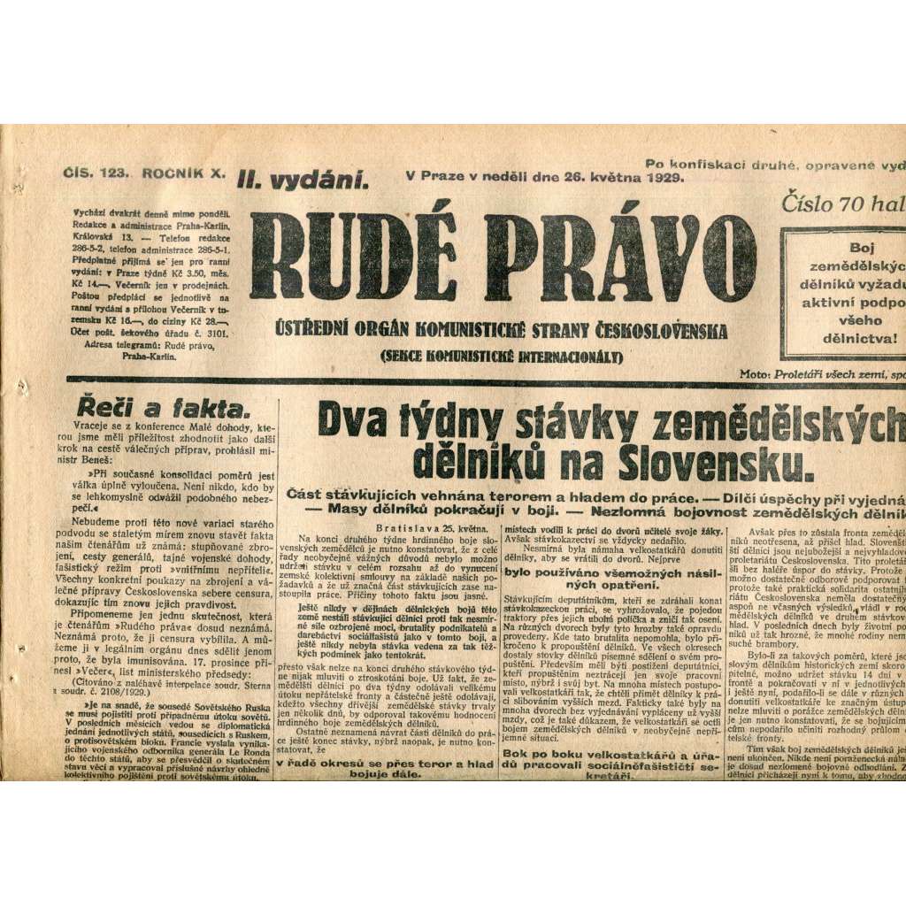Rudé právo (26.5.1929) - 1. republika, staré noviny