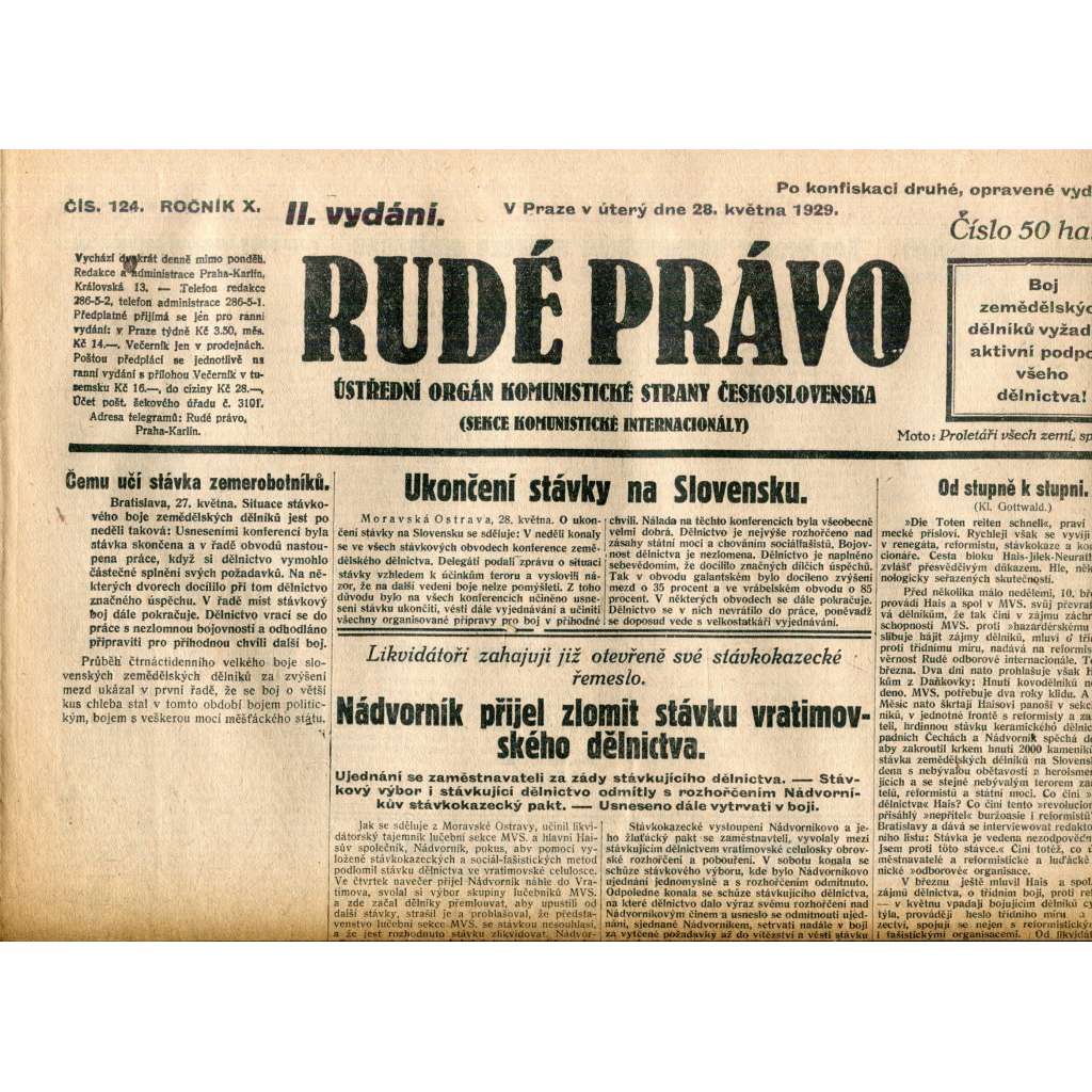 Rudé právo (28.5.1929) - 1. republika, staré noviny