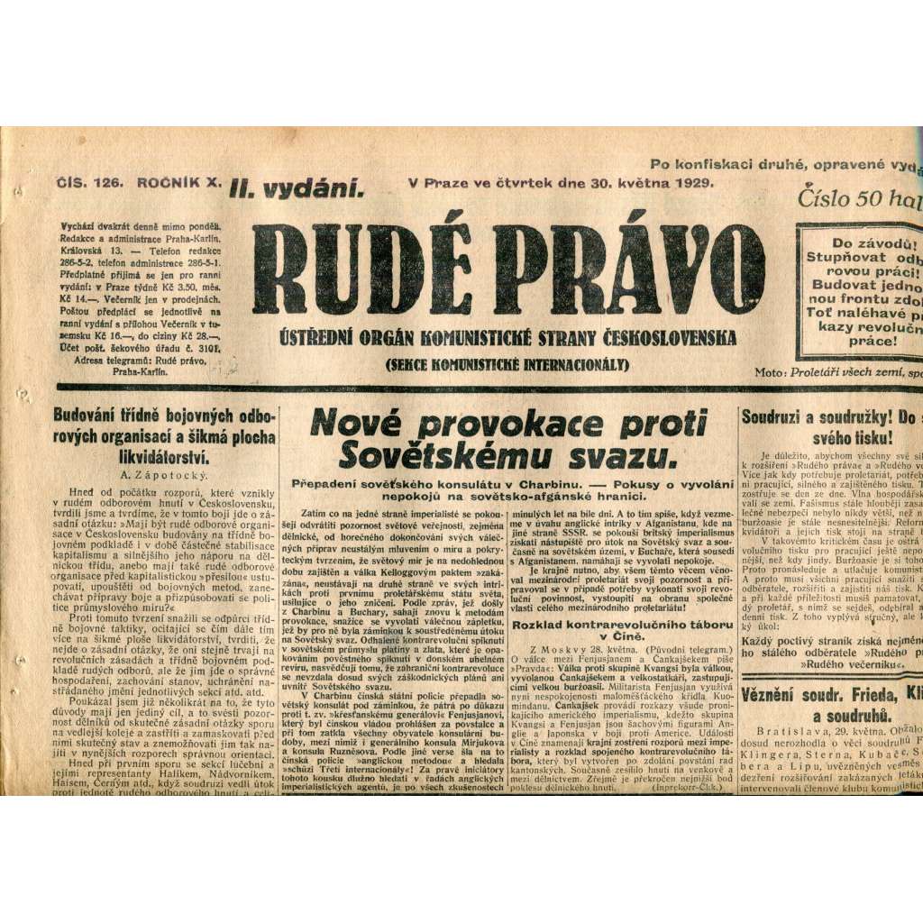 Rudé právo (30.5.1929) - 1. republika, staré noviny