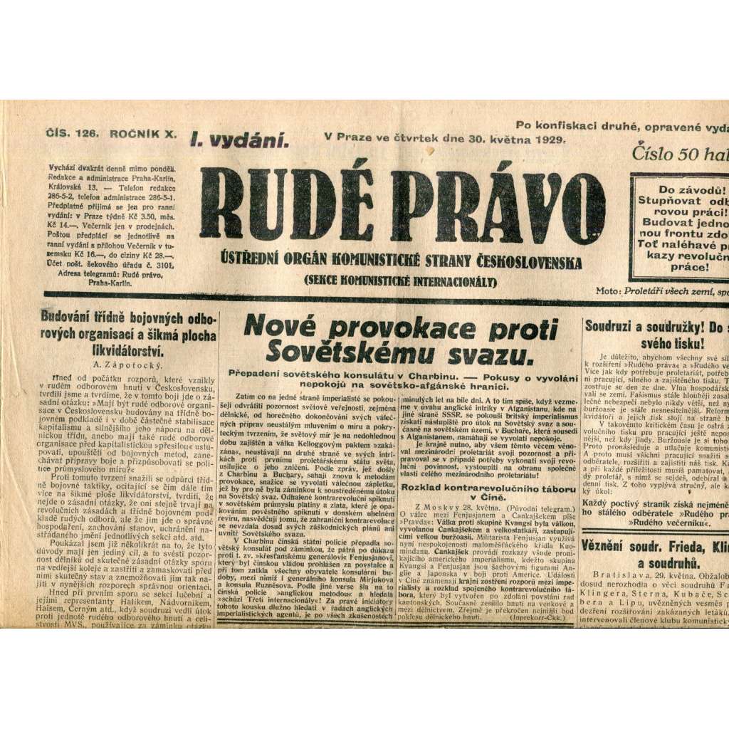 Rudé právo (30.5.1929) - 1. republika, staré noviny