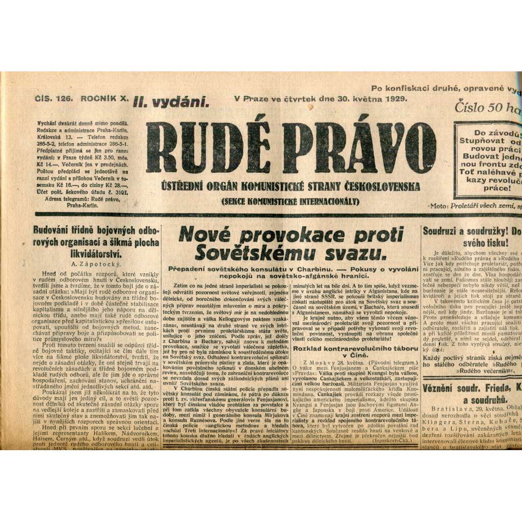 Rudé právo (30.5.1929) - 1. republika, staré noviny