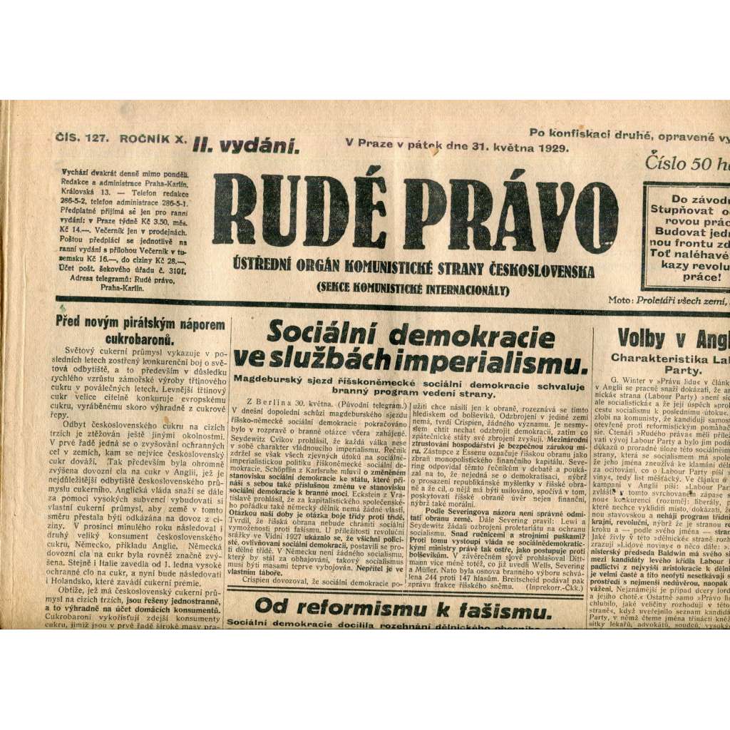 Rudé právo (31.5.1929) - 1. republika, staré noviny