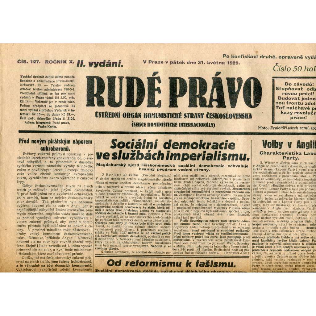 Rudé právo (31.5.1929) - 1. republika, staré noviny