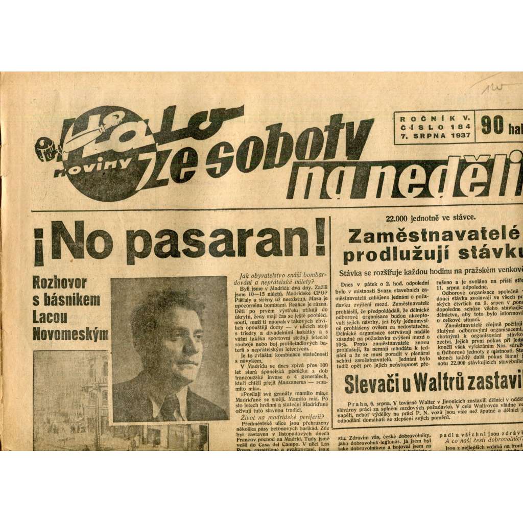 Halo noviny, ze soboty na neděli (7.8.1937) -staré noviny, 1. republika