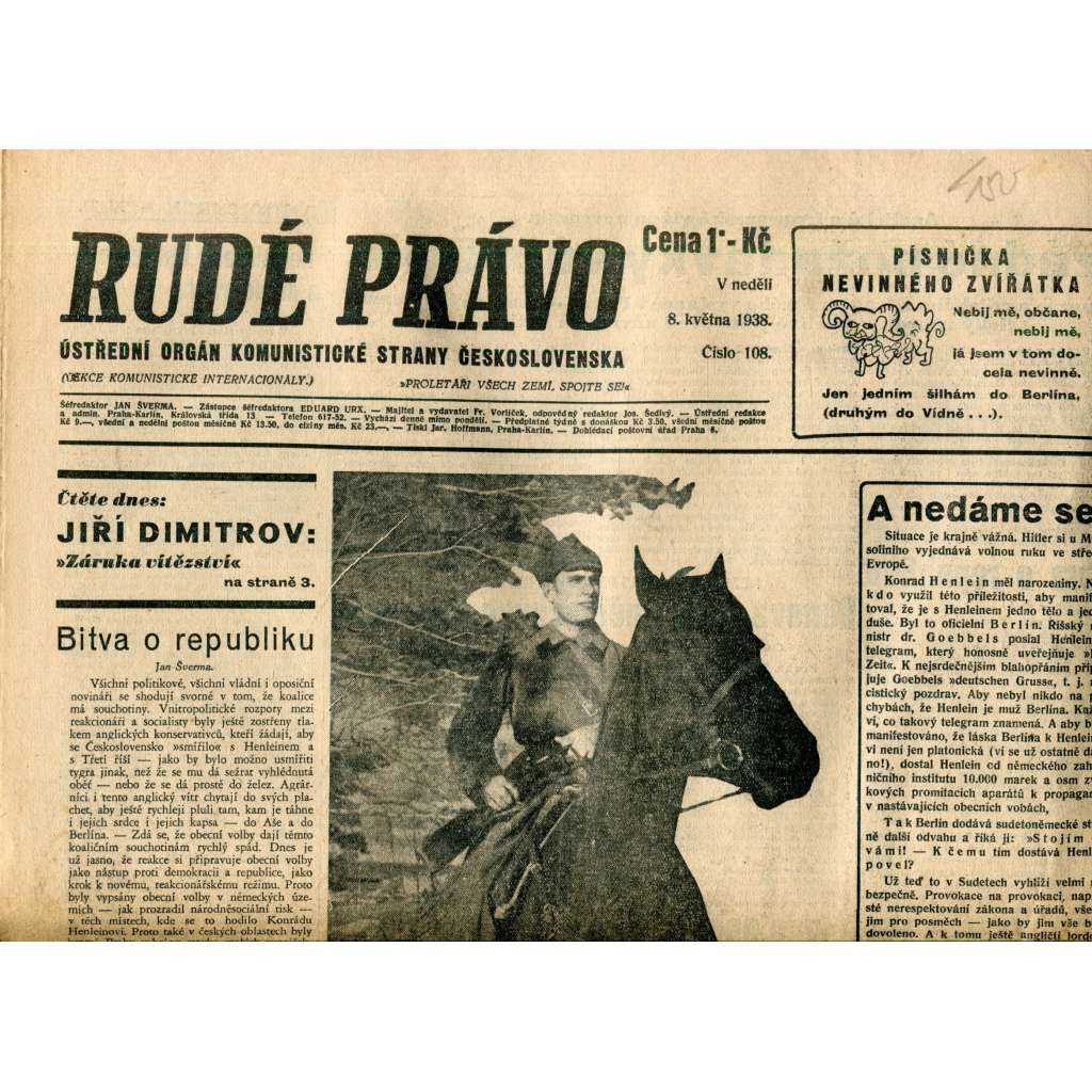 Rudé právo (8.5.1938) - 1. republika, staré noviny