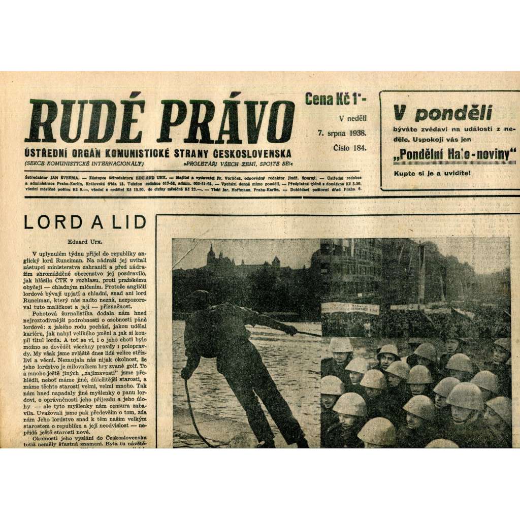 Rudé právo (7.8.1938) - 1. republika, staré noviny