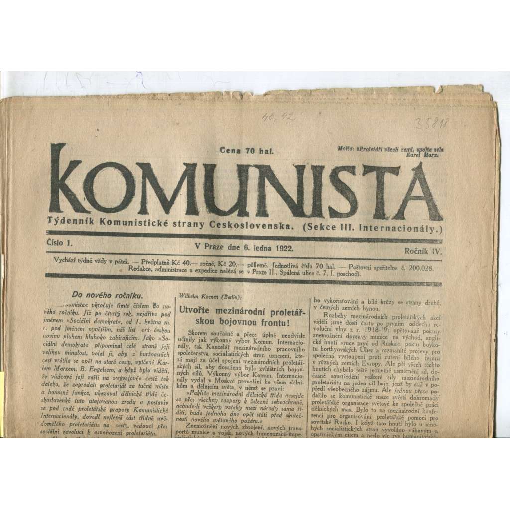 Komunista (6.1.1922) - staré noviny, 1. republika