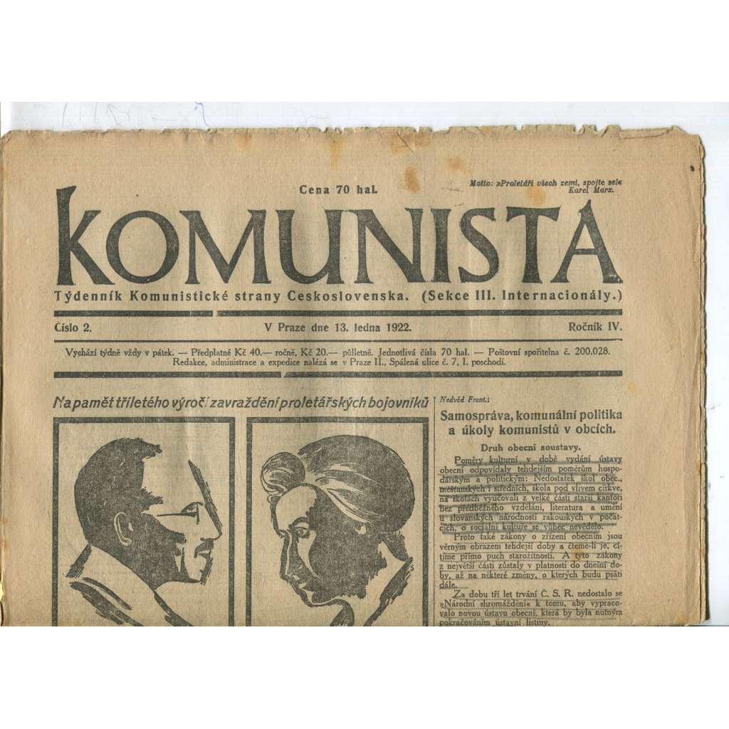 Komunista (13.1.1922) - staré noviny, 1. republika