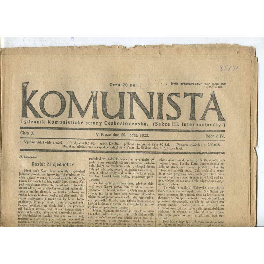 Komunista (20.1.1922) - staré noviny, 1. republika